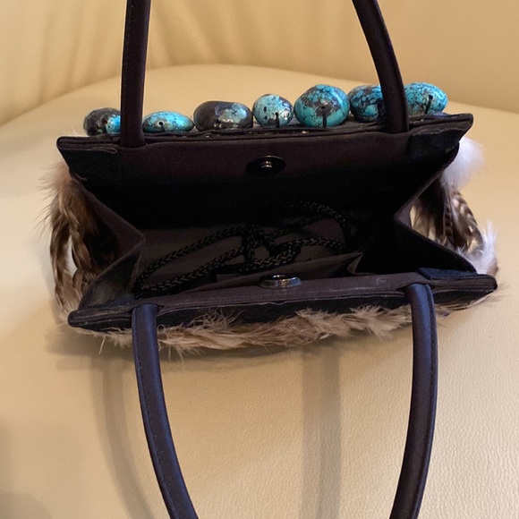 Moo Roo Charleston Purse - Pheasant Feather with Polished Turquoise Stones - Picture 4 of 5
